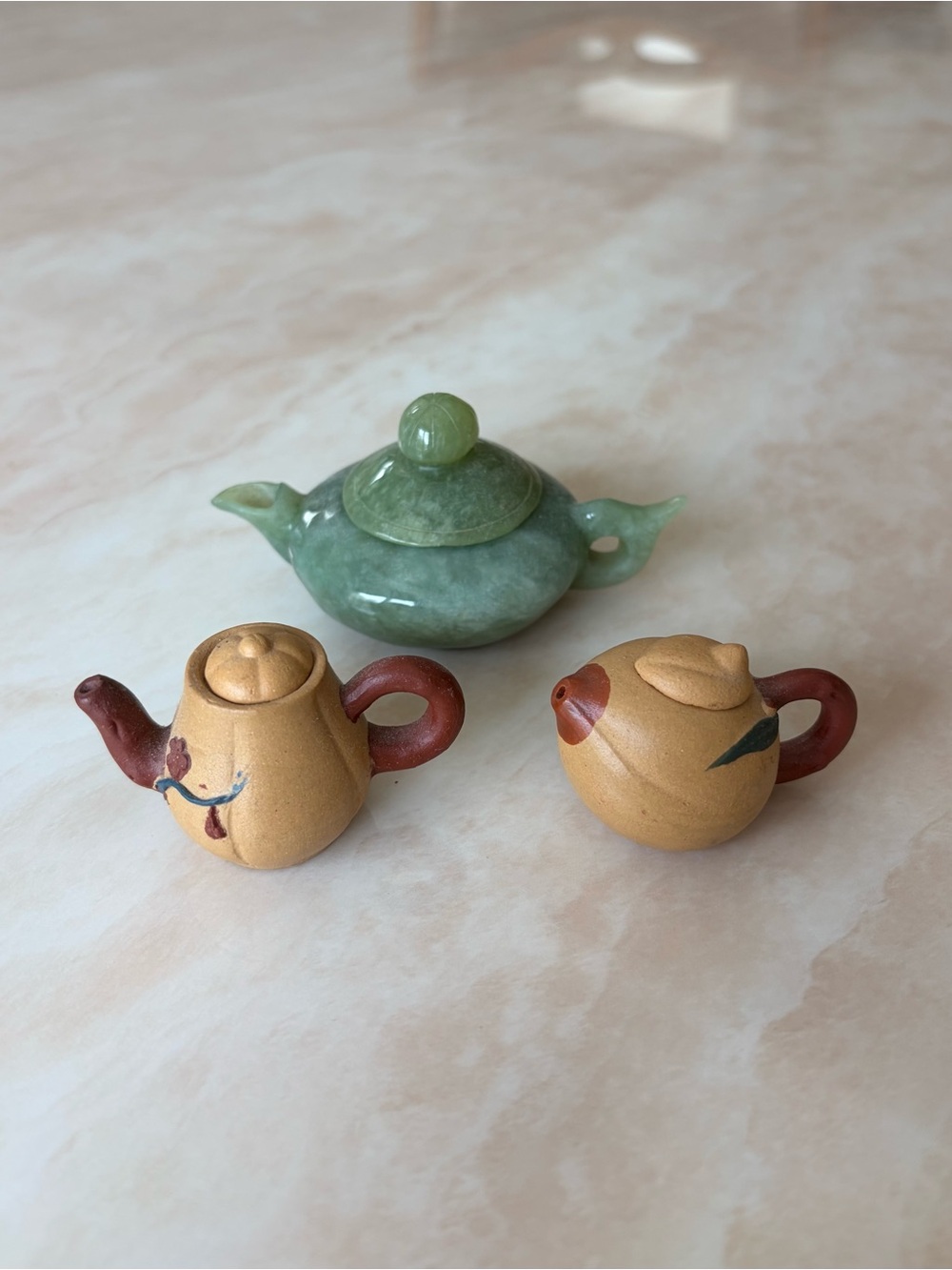 Mini Chinese green jade and clay teapot set of 3